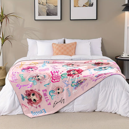 Custom Name Personalized Blanket, Cute Little Mermaid Cartoon