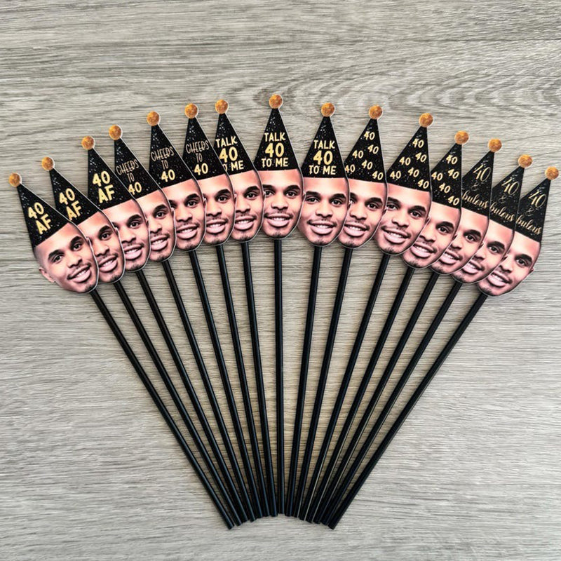 Custom Face Photo Cocktail Drink Stirrers, 40th Birthday Decor