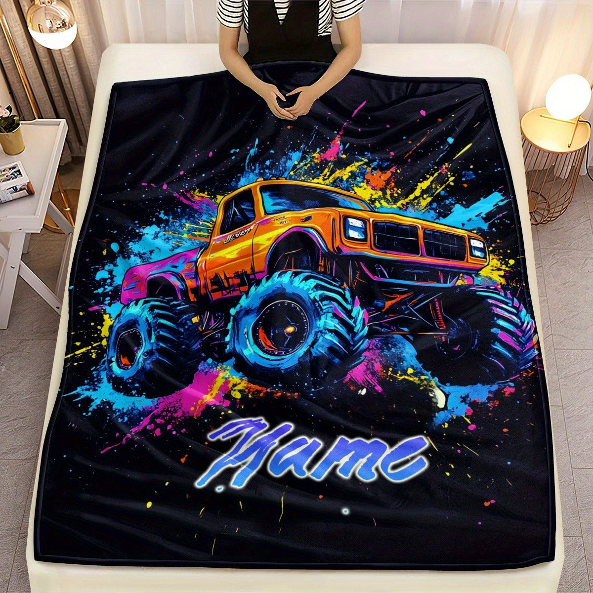 Personalized Monster Truck Flannel Blanket – Custom Name Ink Splitter Design