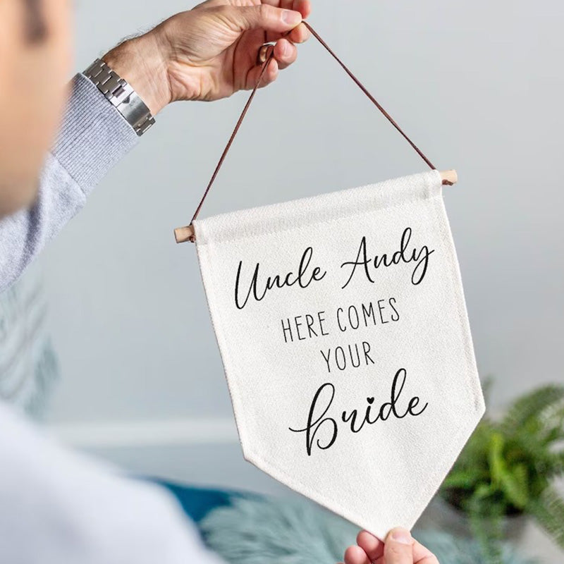Personalised Here Comes Your Bride Wedding Linen Style Flag Banner Sign