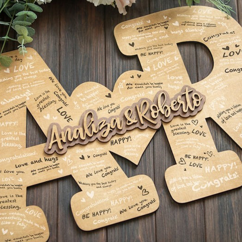 Custom Guest Book Wedding Couple Names Sign, Engraved Wood Letters