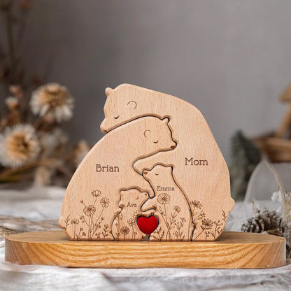Hugging Bear Family Floral Version, Personalized Wooden Bear Family Puzzle