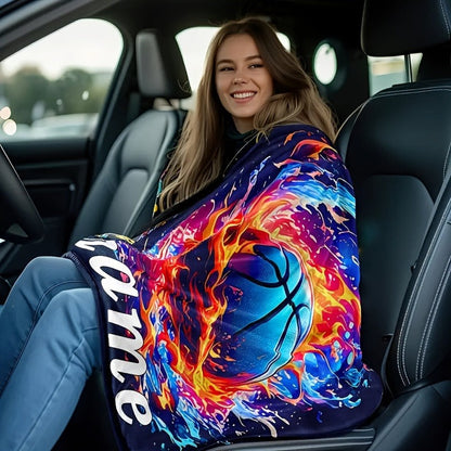 Custom Text Creative Basketball Fire and Ice Print Flannel Blanket