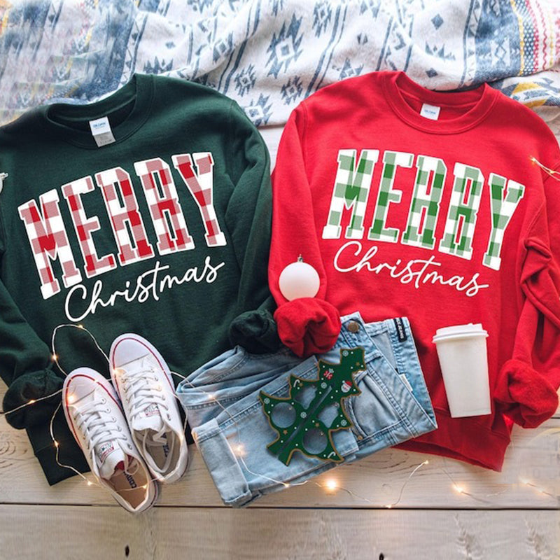 Merry Christmas Sweatshirt, Buffalo Plaid Sweater