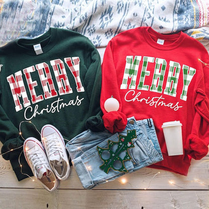 Merry Christmas Sweatshirt, Buffalo Plaid Sweater