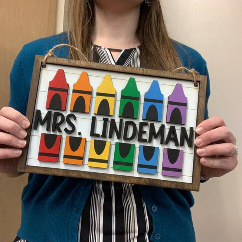 Personalized Teacher Rainbow Crayon Wood Door Sign