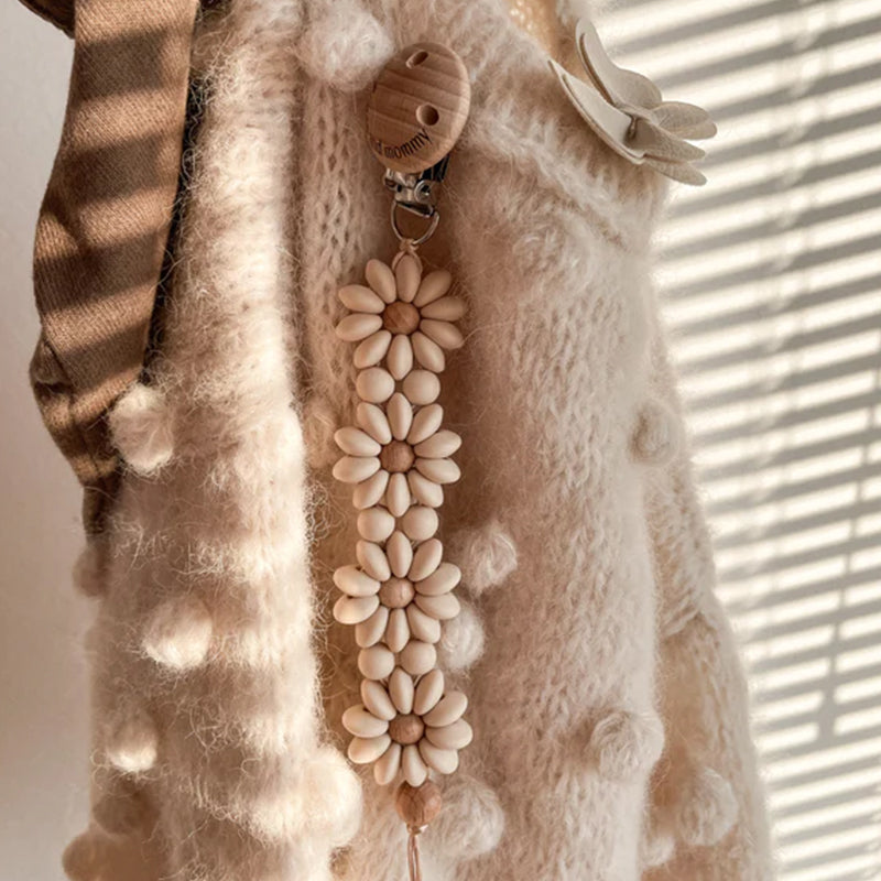Personalized Flower Beaded Pacifier Clip Wooden Engraving