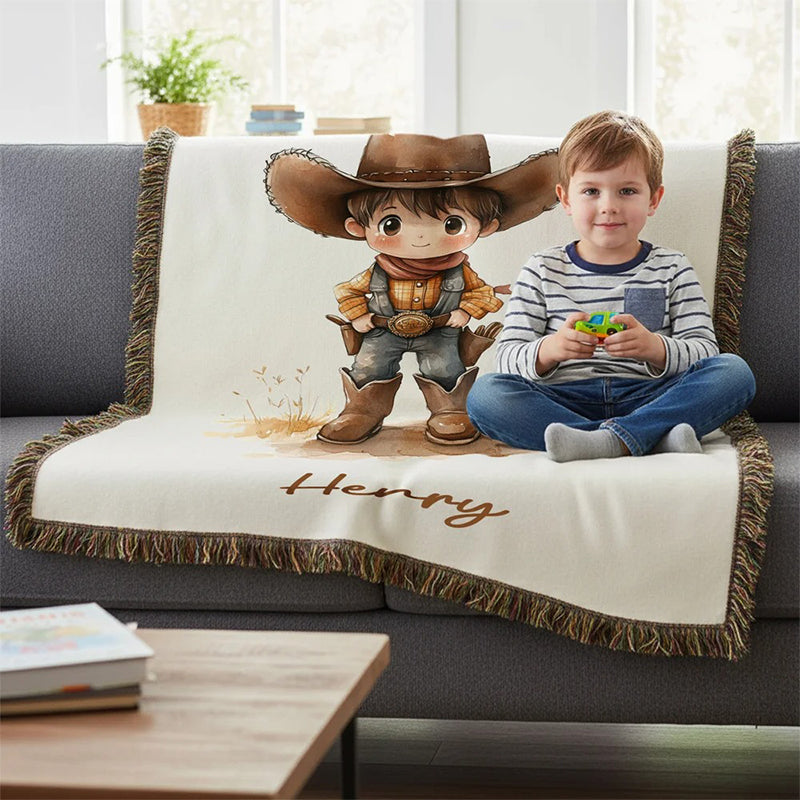 Personalized Cartoon Cowboy Tassel Blanket with Name