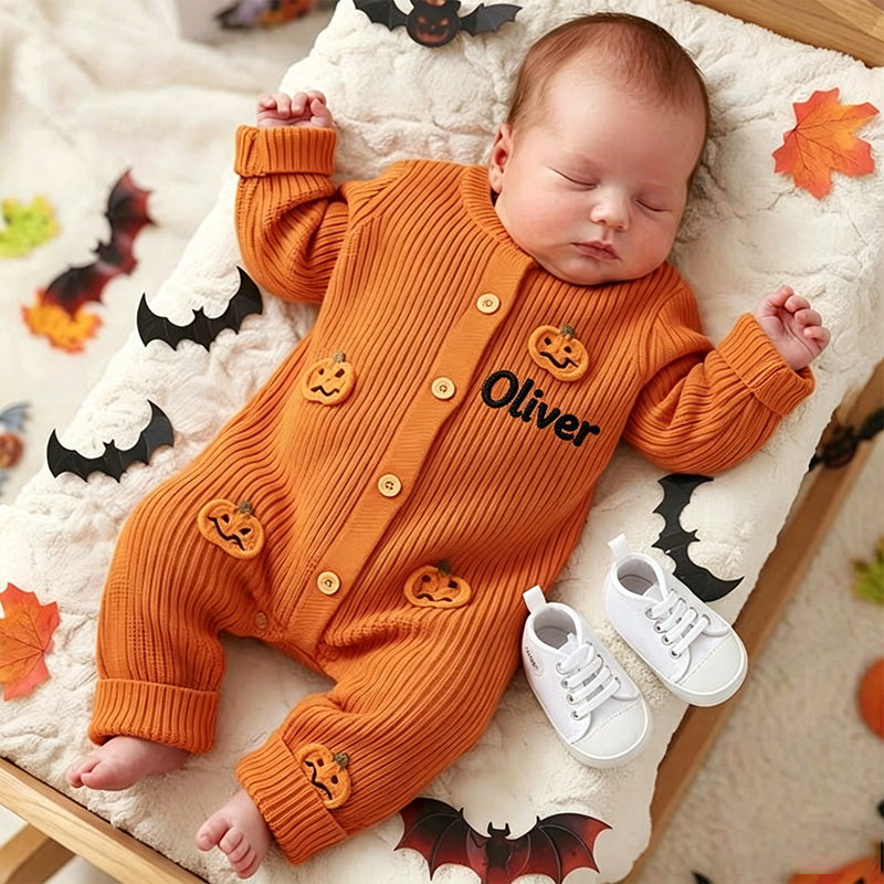 Custom Name Back Baby Halloween Romper, 3D Pumpkin Knit Jumpsuit