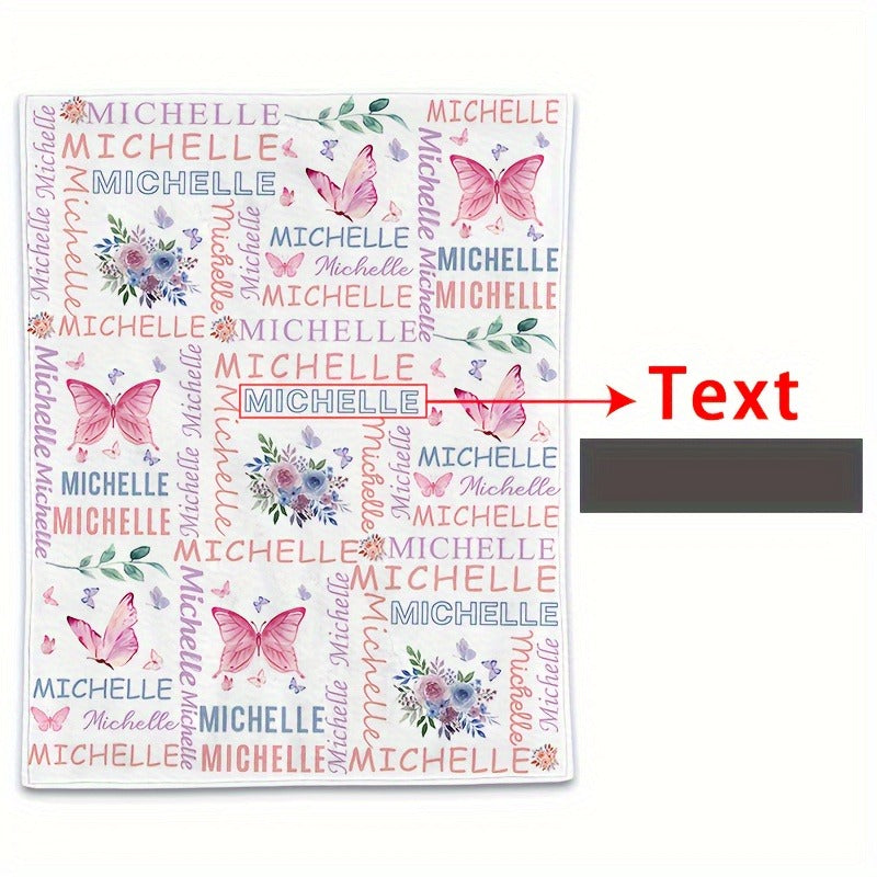 Customized Flannel Blankets with Names, Flower Butterfly Patterned Blankets