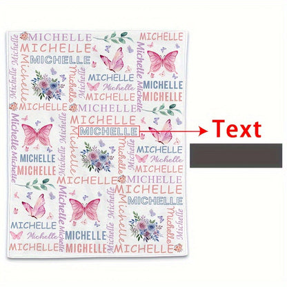 Customized Flannel Blankets with Names, Flower Butterfly Patterned Blankets