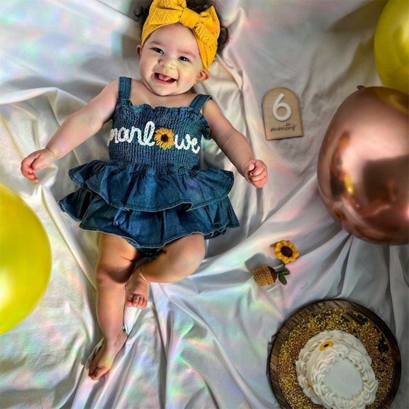 Hand Embroidered Denim Romper, Personalized Birthday Outfit with Name