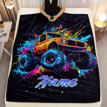 Personalized Monster Truck Flannel Blanket – Custom Name Ink Splitter Design