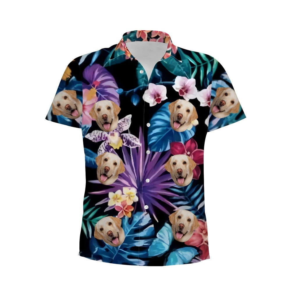 Personalized Photo Hawaiian Shirt Custom Dog Cat Face Holiday Tropical Pattern Shir