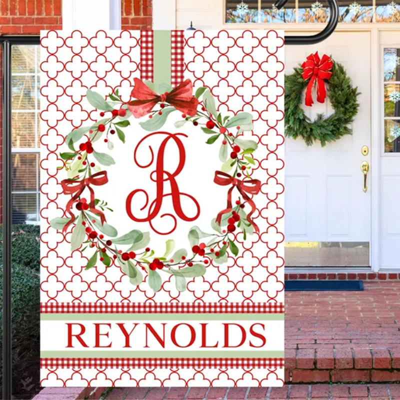 Personalized Monogram Initial Christmas Wreath Garden Flag