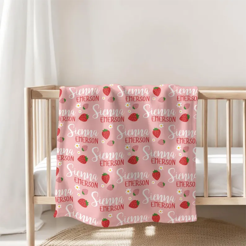 Personalized Strawberry Blanket, Custom Baby Name Blanket