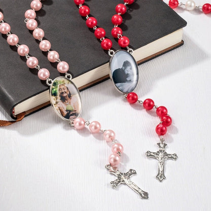 Personalized Multi-Color Rosary Beads Cross Necklace with Photo