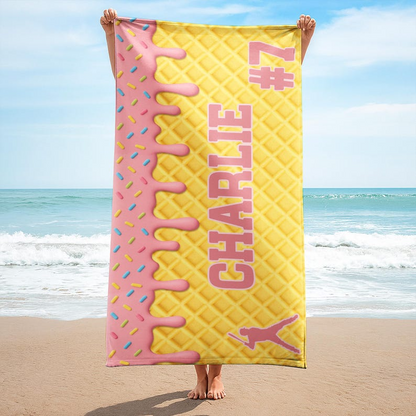 Personalized Ice Cream Drip Baseball Softball Beach Towel For Boys, Girl, Drip Beach Towel