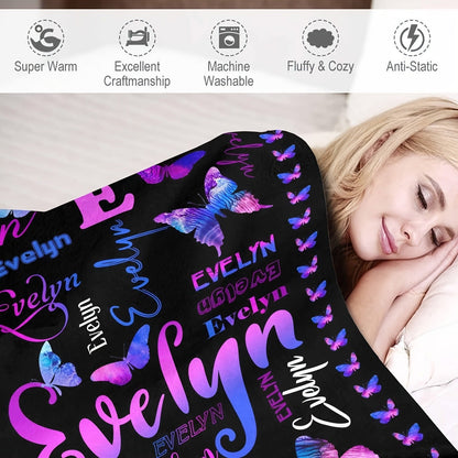 Custom Name Flannel Blanket with Vibrant Butterfly Print