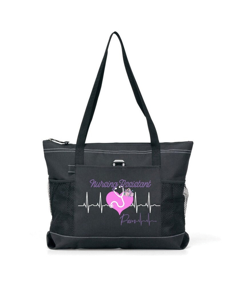 Personalized Floral Heartbeat Nursing Assistant Tote Bag