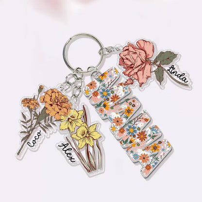 Personalized Mother's Day Gift For Mom, Custom Grandma Keychain With Birth Month Flowers