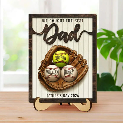 Personalized Baseball Dad Plaque: Custom Kids Names Wooden Sign
