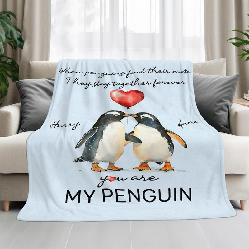 Personalized Valentine Couple Penguin Throw Blanket