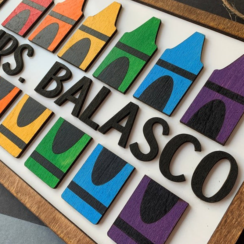 Personalized Teacher Rainbow Crayon Wood Door Sign
