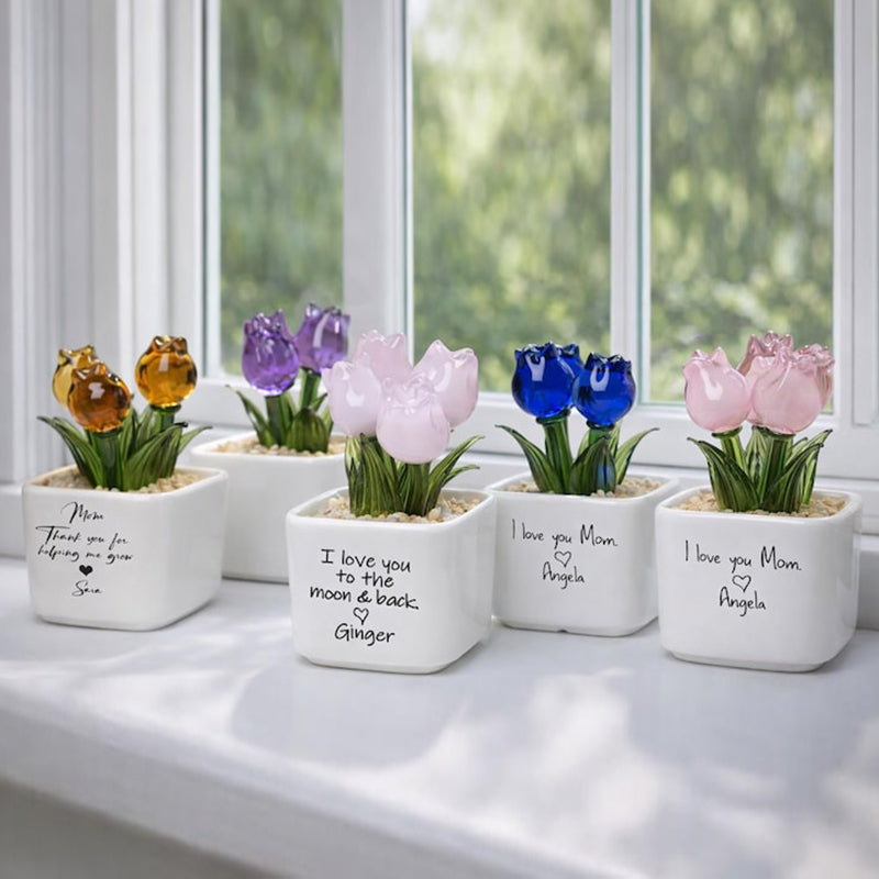 Personalized Glass Everlasting Tulips, Glass Flower Pot, Handmade Gift for Mom