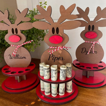 Freestanding Rudolph the Red Nose Reindeer Wooden Money Tree Money Holder with custom name