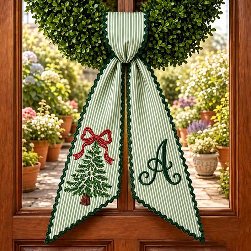 Personalized Christmas Bell Wreath Sash, Custom Monogram Holiday Door Bow