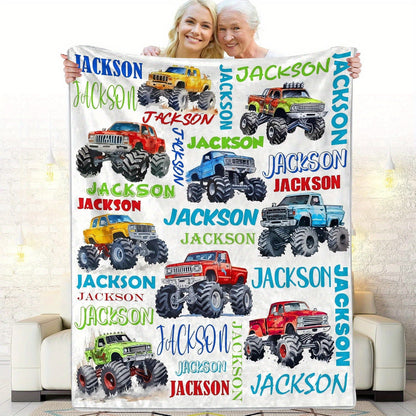 Personalized Monster Truck Throw Blanket - Custom Name Flannel Fleece