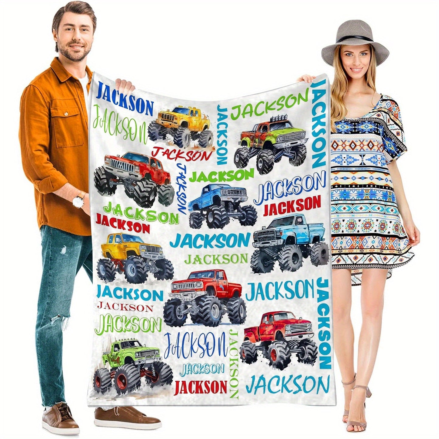 Personalized Monster Truck Throw Blanket - Custom Name Flannel Fleece