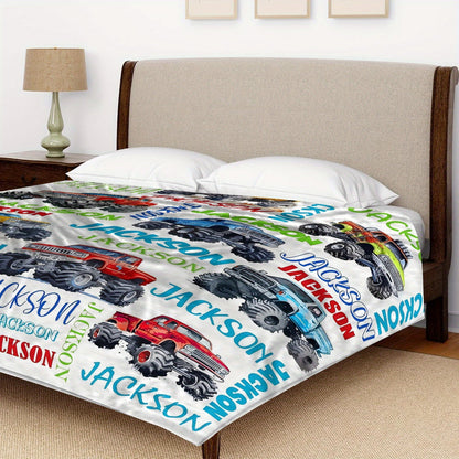 Personalized Monster Truck Throw Blanket - Custom Name Flannel Fleece