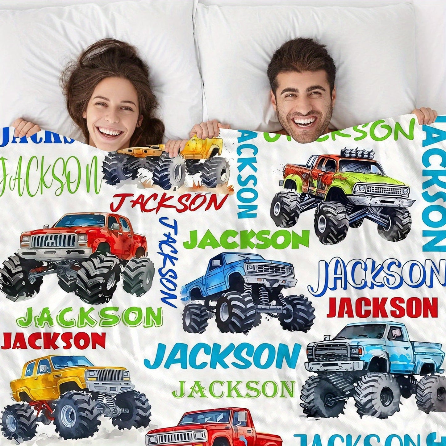 Personalized Monster Truck Throw Blanket - Custom Name Flannel Fleece