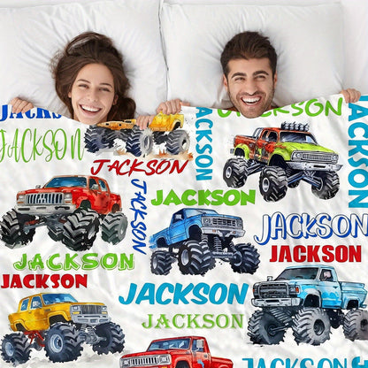 Personalized Monster Truck Throw Blanket - Custom Name Flannel Fleece