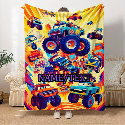 Personalized Cartoon Truck Flannel Throw Blanket - Custom Name