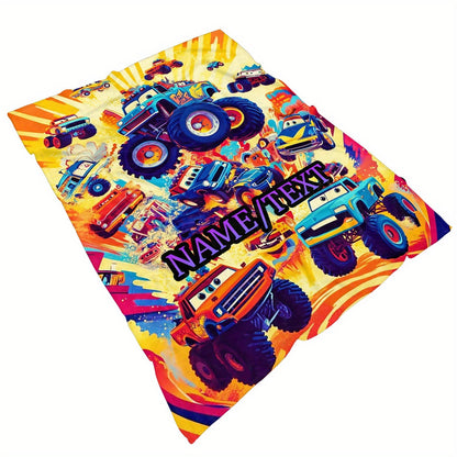 Personalized Cartoon Truck Flannel Throw Blanket - Custom Name
