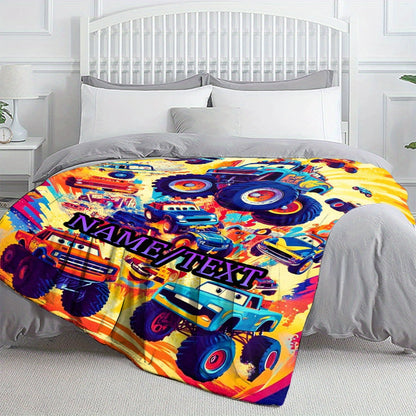 Personalized Cartoon Truck Flannel Throw Blanket - Custom Name