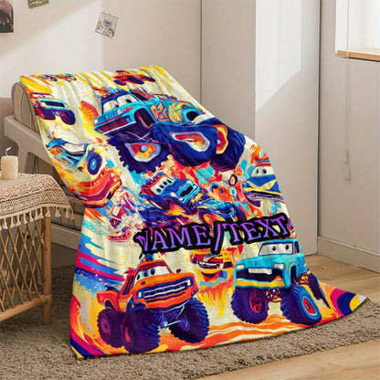 Personalized Cartoon Truck Flannel Throw Blanket - Custom Name
