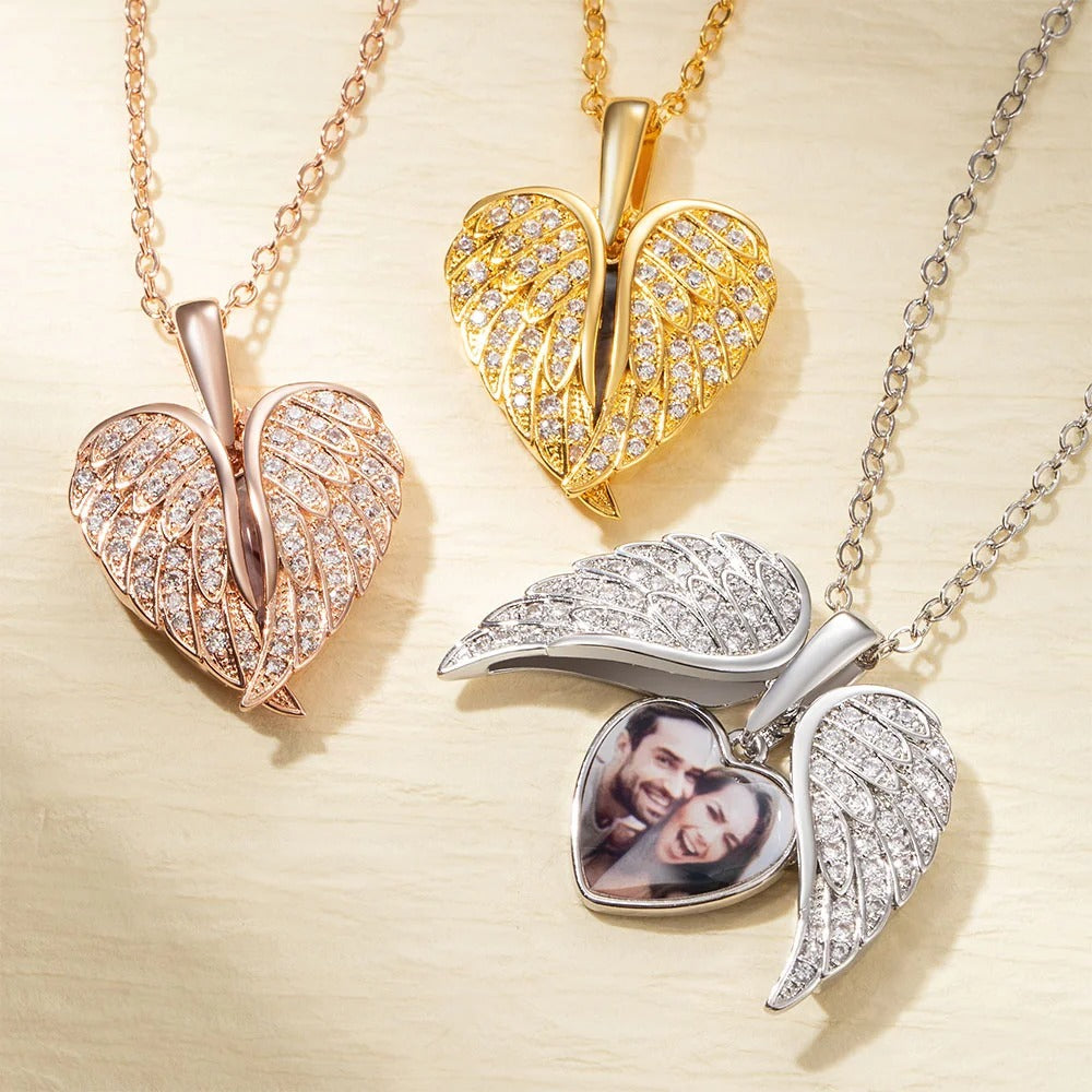 Personalized  Angel Wing Photo Locket Necklace