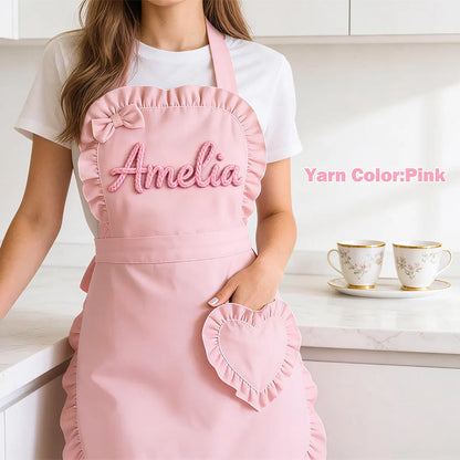 Custom Name Pink Apron : Ruffled Heart Pocket, Baking Lover Gift
