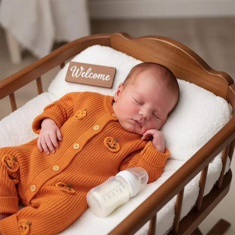 Custom Name Back Baby Halloween Romper, 3D Pumpkin Knit Jumpsuit
