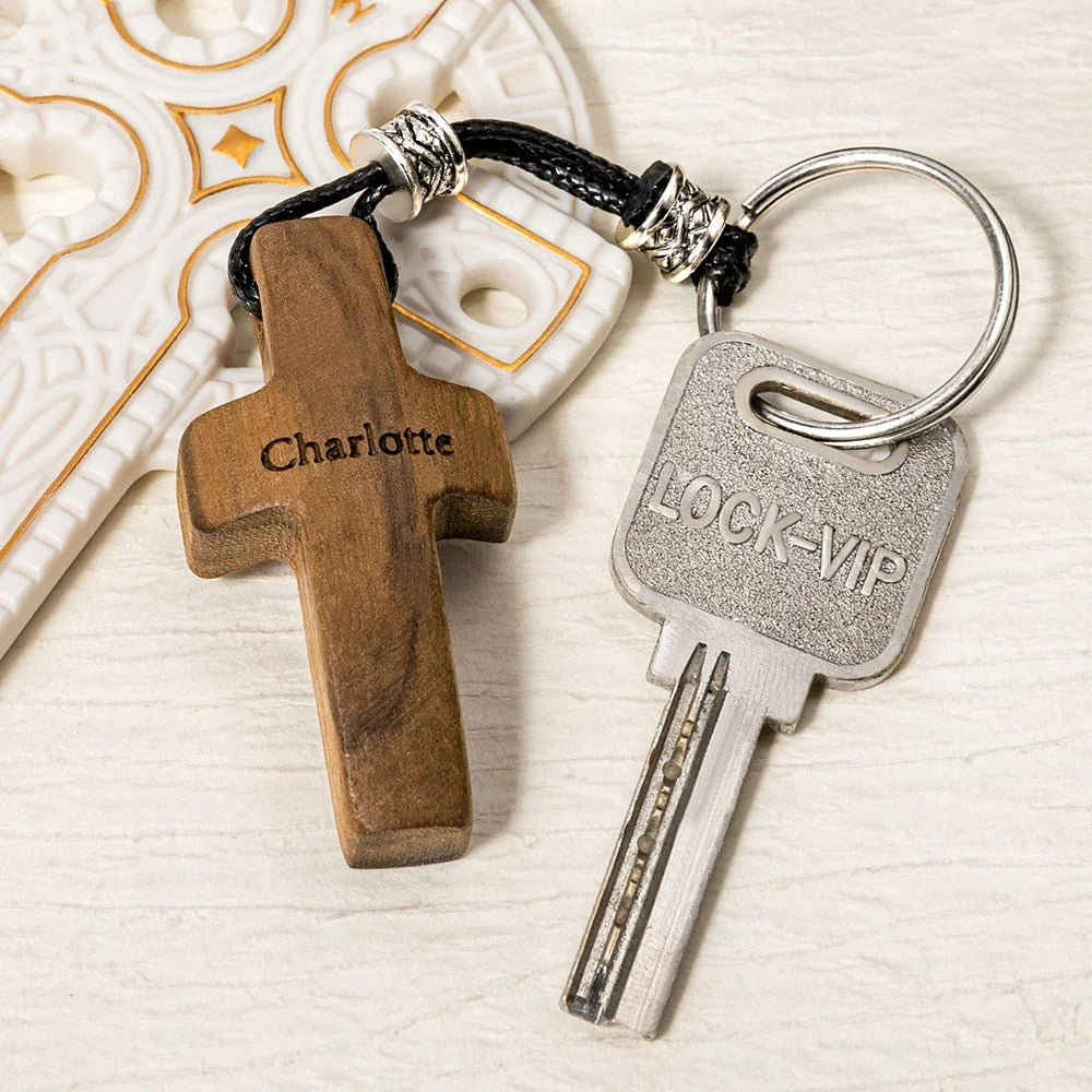 Personalized Wooden Cross Heart Keychain