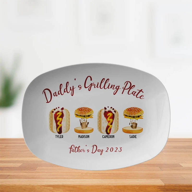 Personalized Handprint and Footprint Grilling Plate with Burger, Hot Dog Custom Father's Day Gift