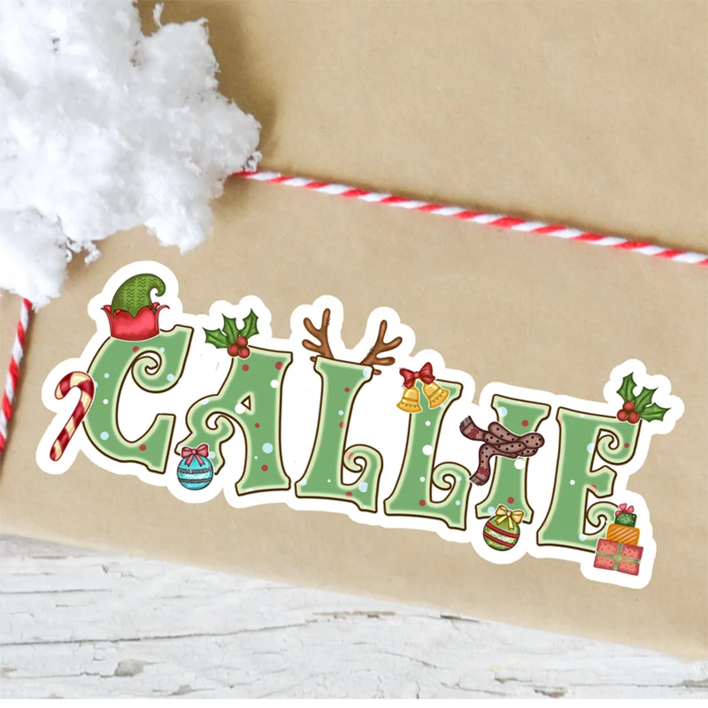 Christmas Name Sticker, Personalized Green Holiday Label
