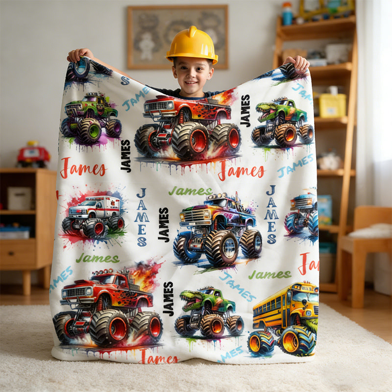 Personalized Monster Truck Blanket, Custom Boys' Name Throw