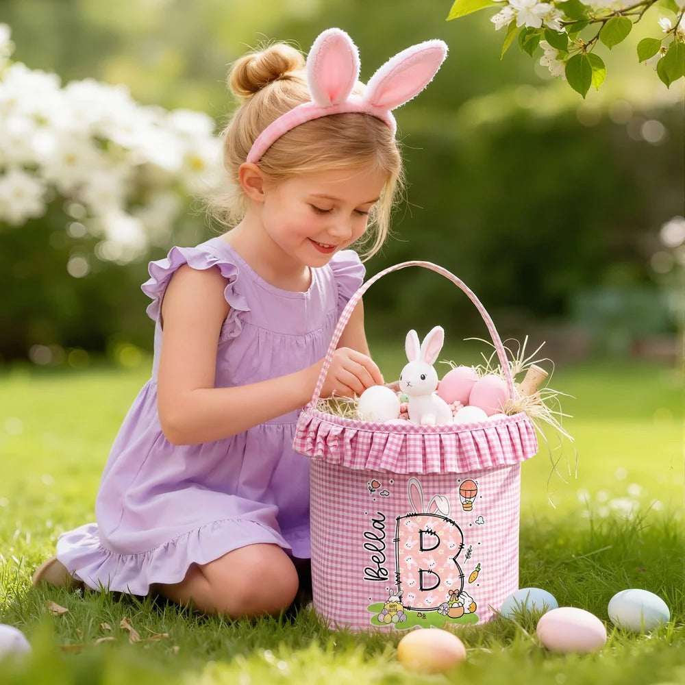 Personalized Cute Bunny Initial Flower Plaid Easter Basket with Name