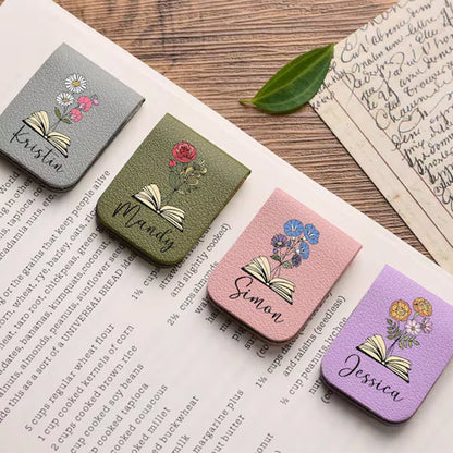 Leather Bookmark with Birth Flower,Personalized Leather Magnetic Bookmark
