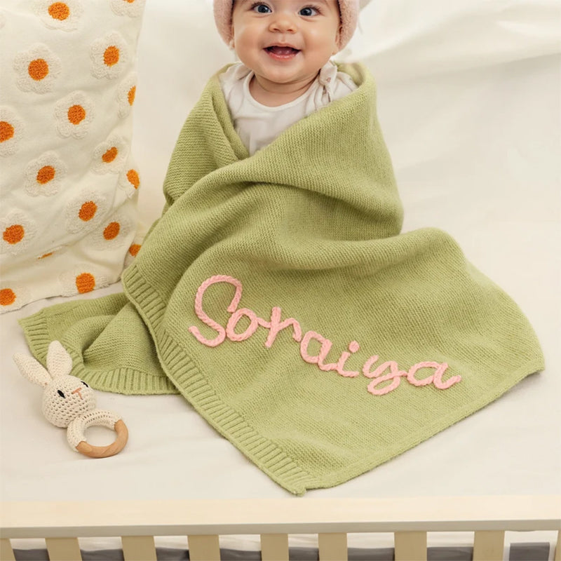 Personalized Hand-Embroidered Knit Baby Blanket Baby Name Blanket